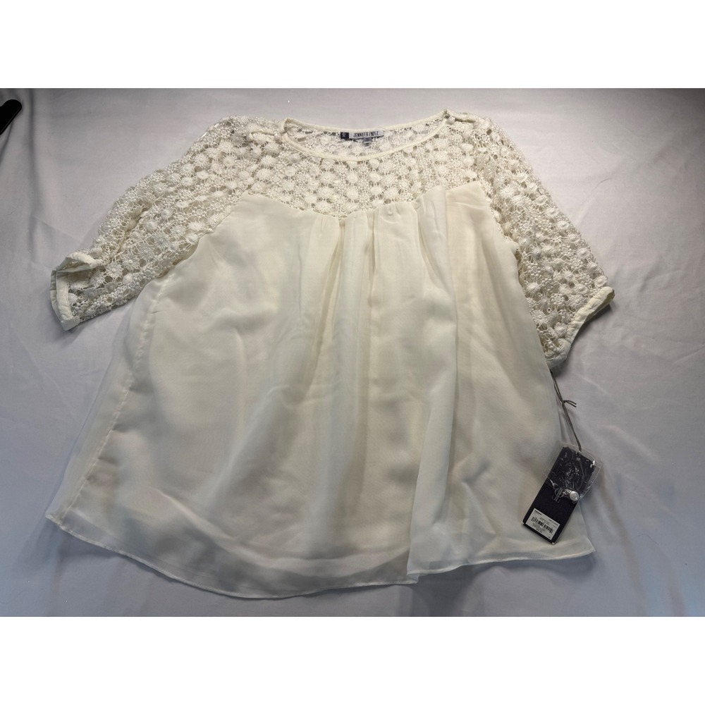 Jennifer Lopez Womens XL Bright White Crochet Lace Chiffon Blouse Miami Sunset - Picture 4 of 4